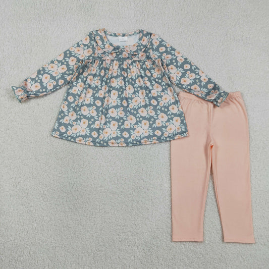 Baby Girls Long Ruffle Sleeve Flowers Collar Tunic Leggings Pant Clothes Set