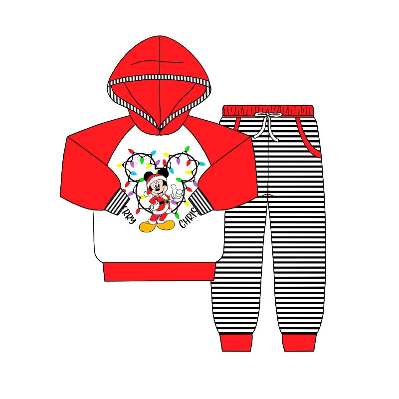 Baby Boys Christmas Lights Cartoon Hooded Top Stripes Pants Clothes Sets Preorder(moq 5)