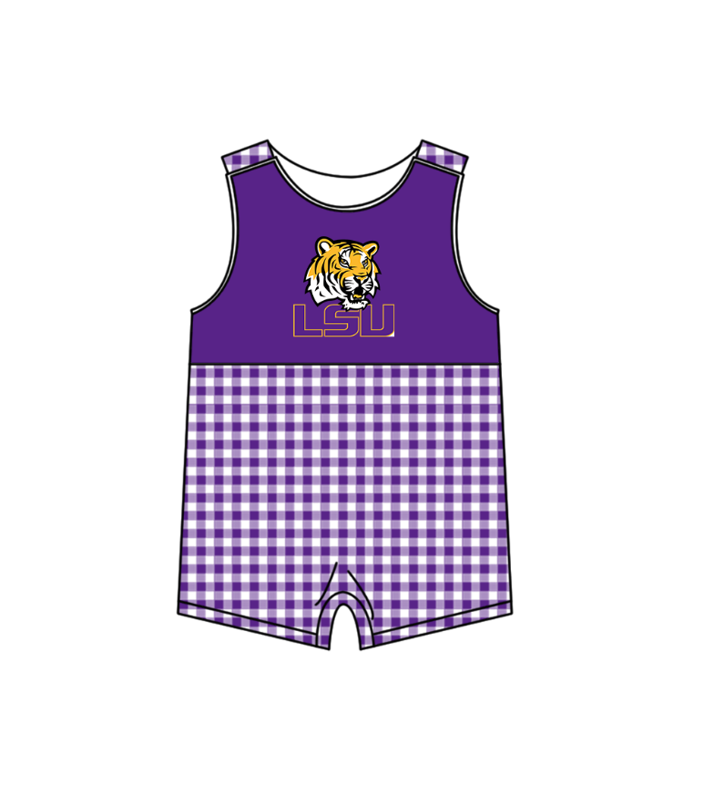 Preorder (moq 5)Baby Boys Sleeveless LSU Tiger Checked Team Rompers