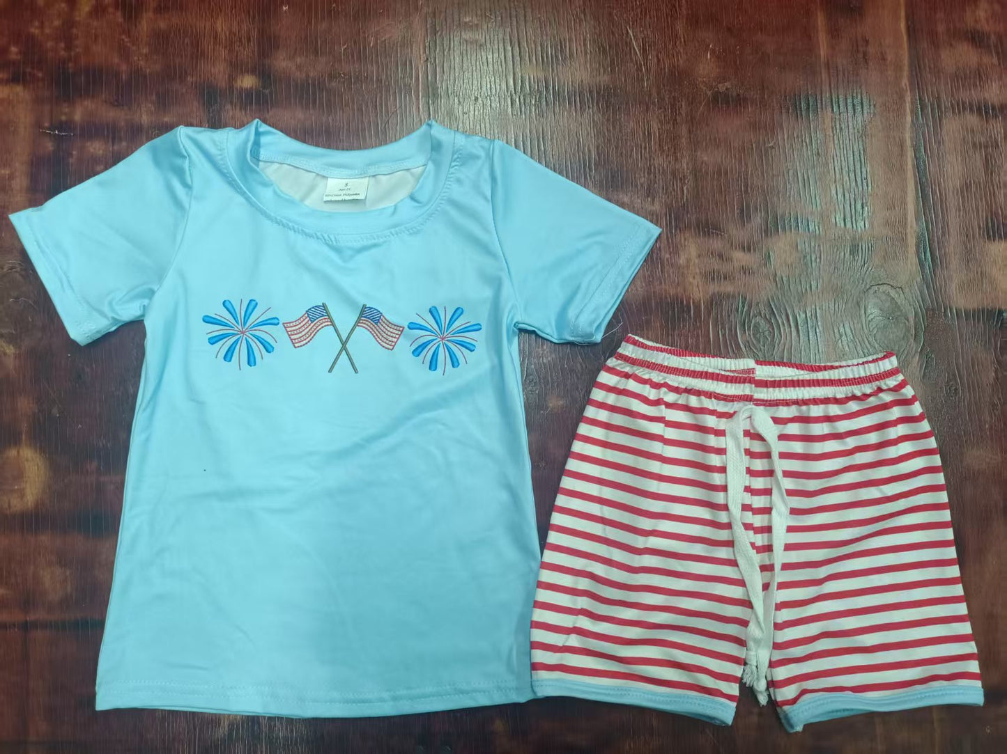 Preorder moq 5 Baby Boys Blue Short Sleeves Flags Firework Top Red Stripe Short 4th Of July Set