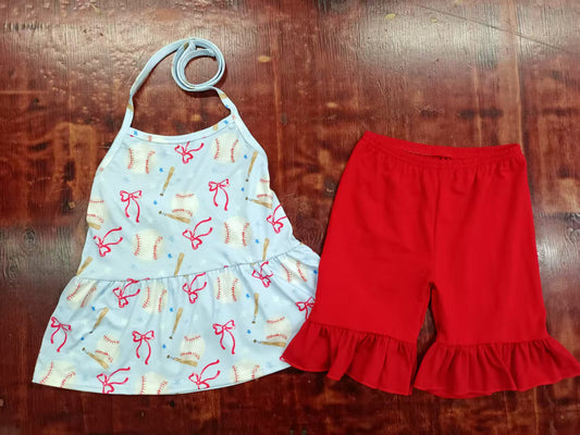 Preorder moq 5 Baby Girls Strap Baseballs Bows Tunic Red Ruffle Short Set