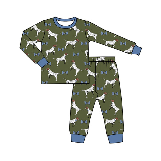 Baby Boys Green Dogs Tie Bows Top Pants Pajamas Kids Clothing Sets preorder(MOQ 5)