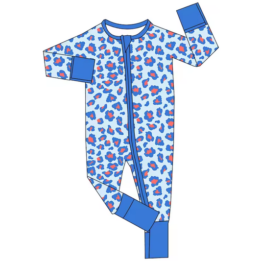 Baby Infant Girls Blue Leopard Zip Long Sleeve Rompers preorder(moq 5)