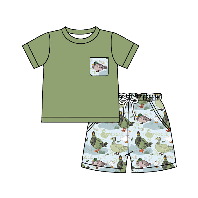 Baby Boys Green Pocket Shirt Top Ducks Shorts Clothes Sets preorder (moq 5)
