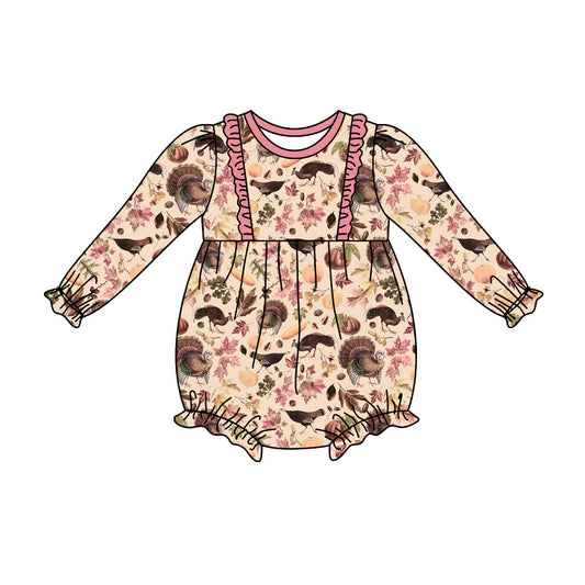 Baby Girls Thanksgiving Turkey Pink Long Sleeve Rompers Preorder(moq 5)