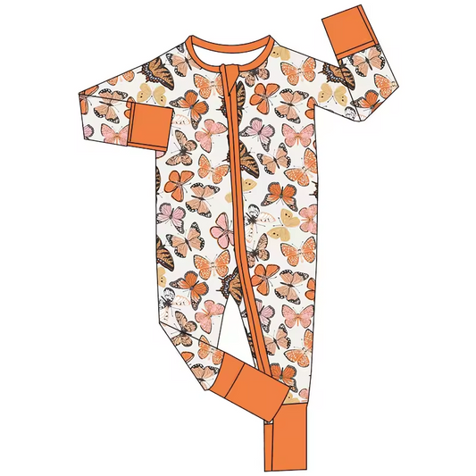 Baby Infant Girls Butterfly Orange Zip Long Sleeve Rompers preorder(moq 5)