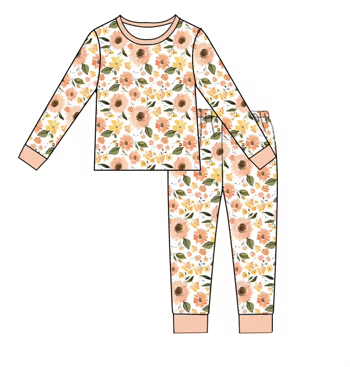 Baby Girls Orange Flowers Long Sleeve Shirt Pants Pajamas Clothes Sets Preorder(moq 5)