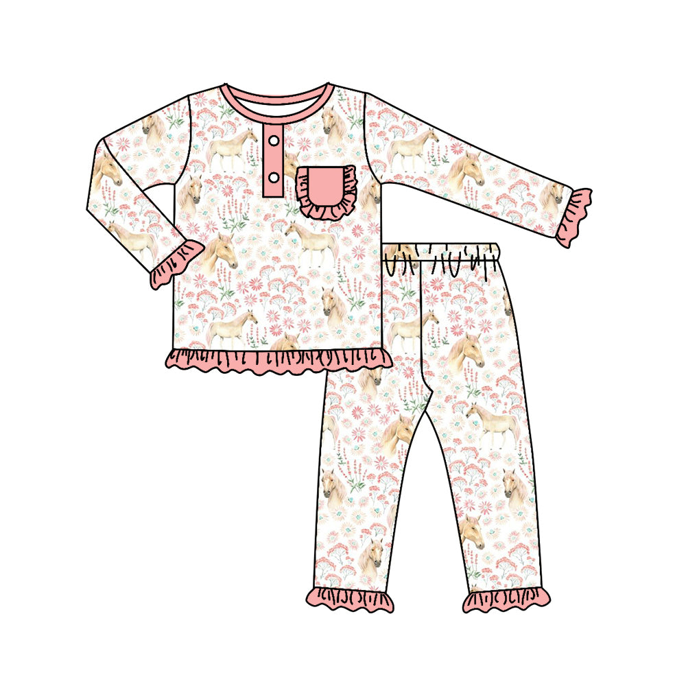 Baby Girls Fall Horse Flowers Shirt Pants Bamboo Pajamas Clothes Sets Preorder(moq 5)