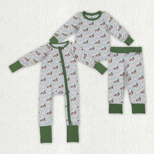 Sibling Baby Boys Long Sleeves Ducks Plaid Top Pant Set Zipper Rompers