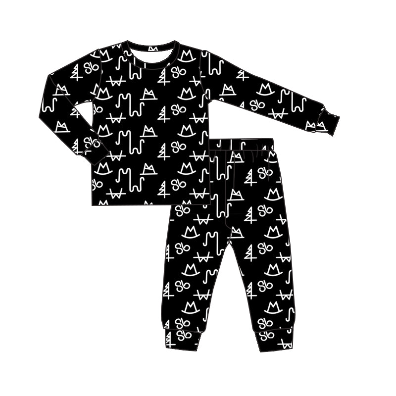 Baby Kids Westerm Black Words Top Pants Pajamas Clothes Sets Preorder(moq 5)