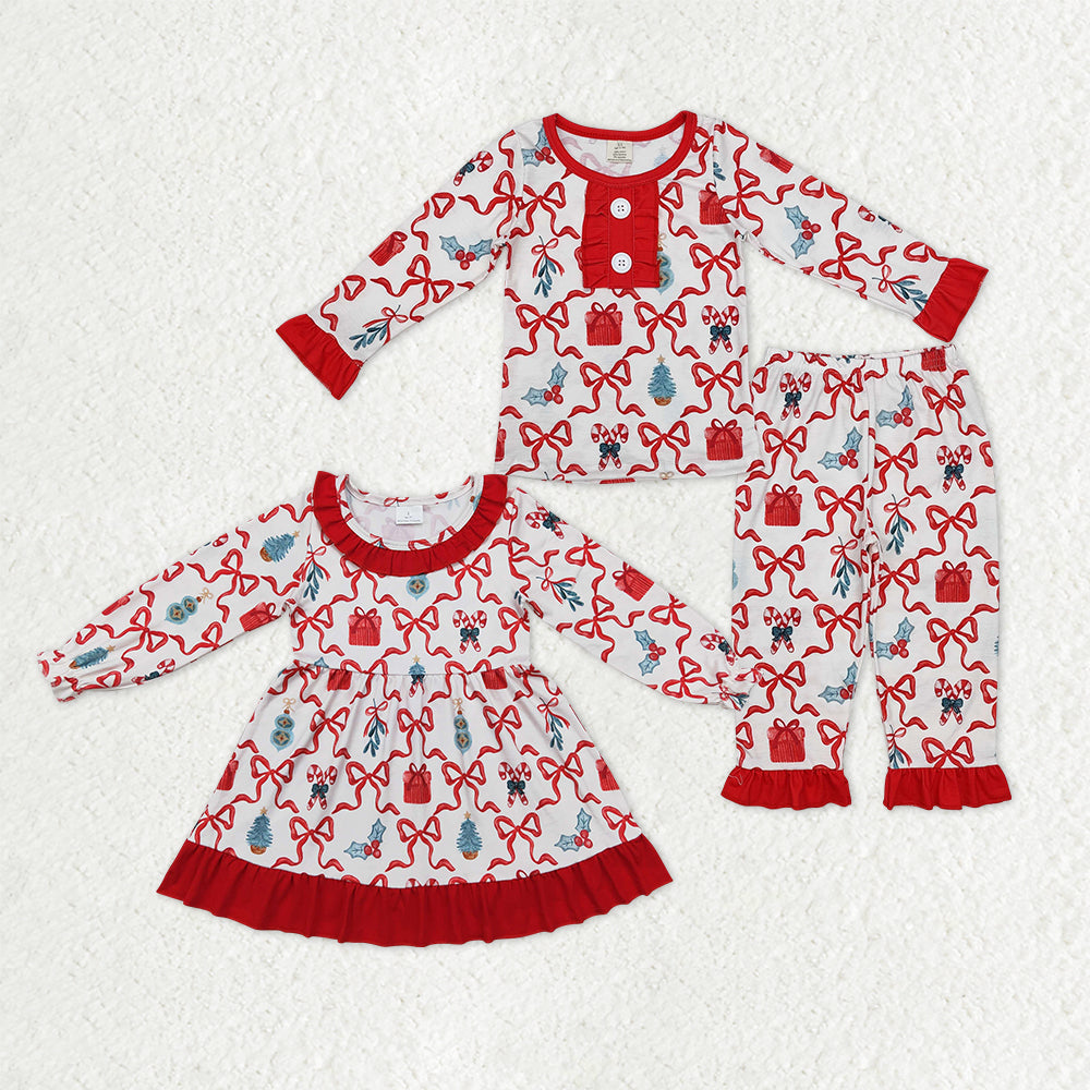 Sibling Baby Girls Christmas Candy Cane Holly Checked Ruffle Pant Pajamas Sets Knee Length Dress