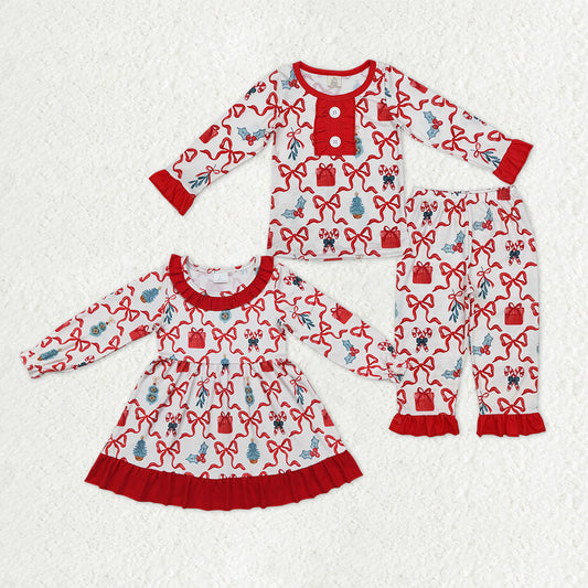 Sibling Baby Girls Christmas Candy Cane Holly Checked Ruffle Pant Pajamas Sets Knee Length Dress