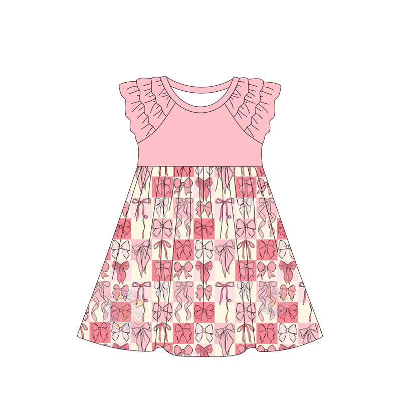 Preorder (moq 5)Baby Girls Pink Checkered Bows Ruffle Knee Length Dresses