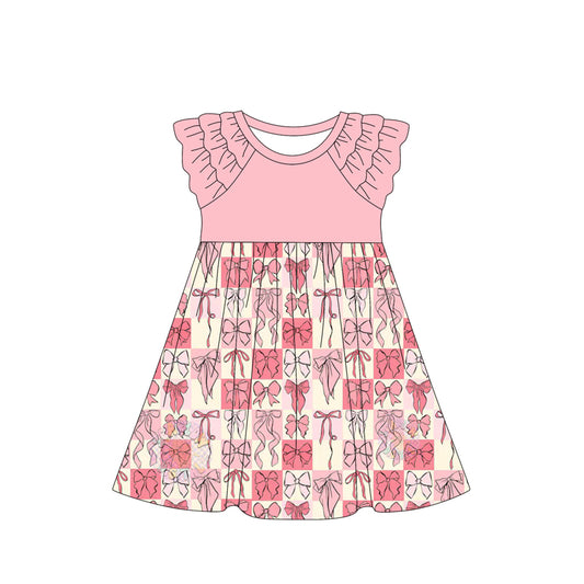 Preorder (moq 5)Baby Girls Pink Checkered Bows Ruffle Knee Length Dresses