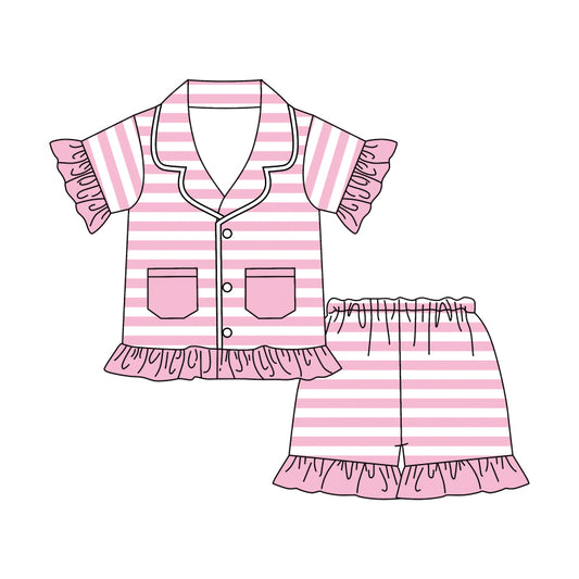 Baby Girls Pink Stripes Pocket Shirt Shorts Pajamas Clothes Sets preorder(moq 5)