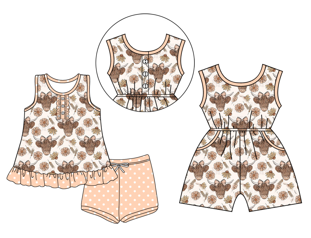 Preorder moq 5 Custom Baby Girls Highland Cows Daisy Button Tunic Peach Polka Dots Short Set Pockets Jumpsuits