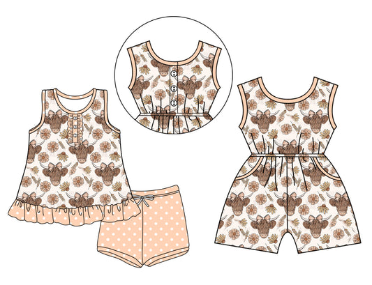 Preorder moq 5 Custom Baby Girls Highland Cows Daisy Button Tunic Peach Polka Dots Short Set Pockets Jumpsuits