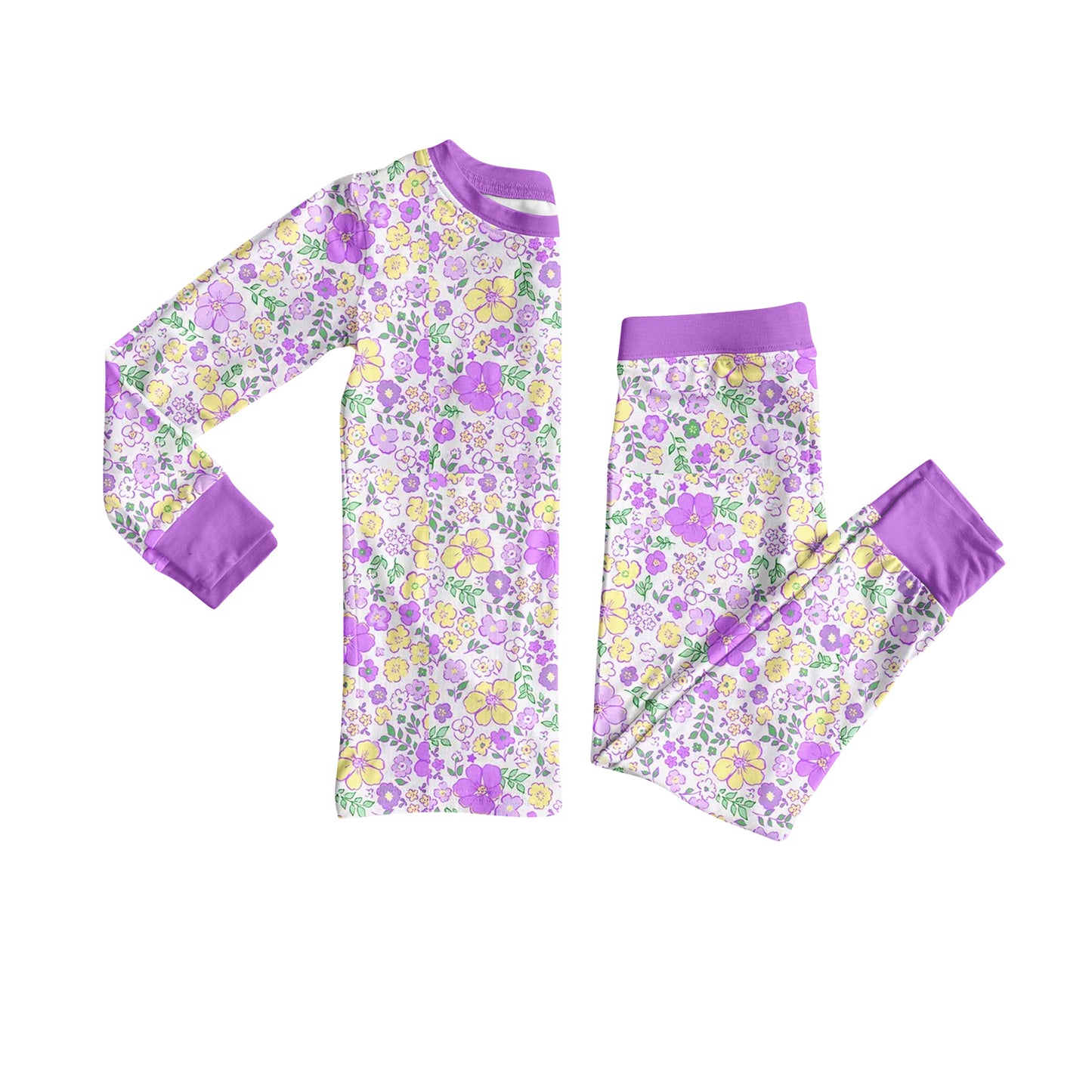 Preorder (moq 20)Baby Girls Bamboo Purple Yellow Flowers Pajamas Sets