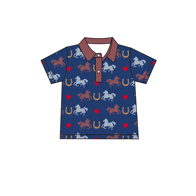 Baby Boys Horse Western Hearts Buttons Short Sleeve Pullover Shirts Tops preorder(moq 5)