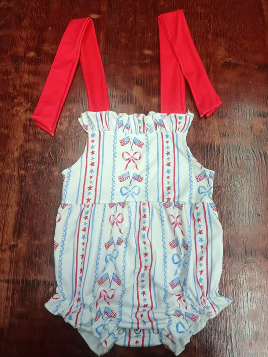 Preorder moq 5 Baby Girls Red Strap Blue Red Flags Bows Stripe 4th Of July Ruffle Rompers
