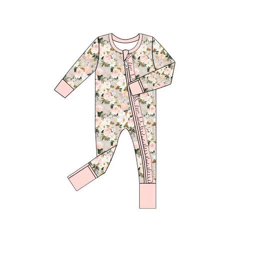 Baby Infant Girls Pink Flowers Zip Rompers preorder(moq 5)