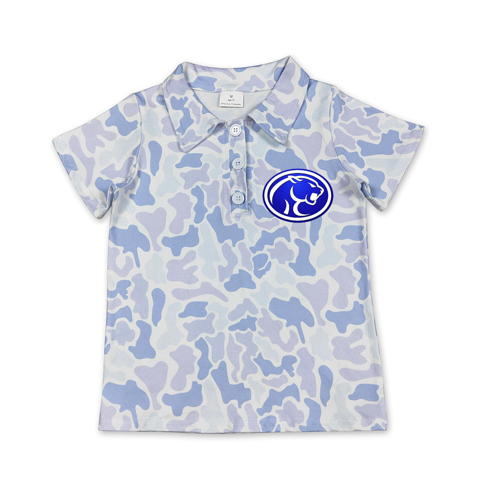 Preorder (moq 5)Baby Boys Light Blue Camo Cougars Team Button Polo Shirt Top