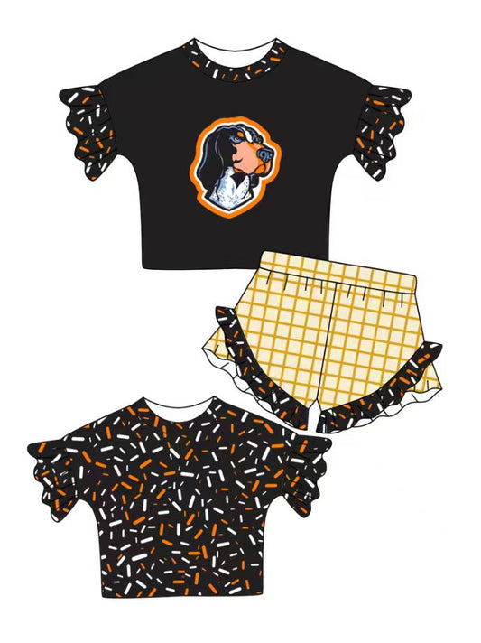 Preorder (moq 5)Baby Girls Black Sprinkles Dogs Top Checked Ruffle Shorts Team Clothes Set