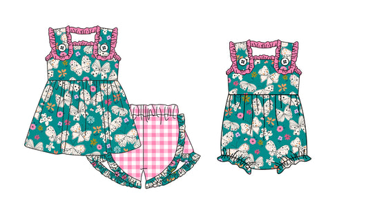 Preorder moq 5 Custom Baby Girls Green Butterfly Flowers Tunic Ruffle Short Set Rompers