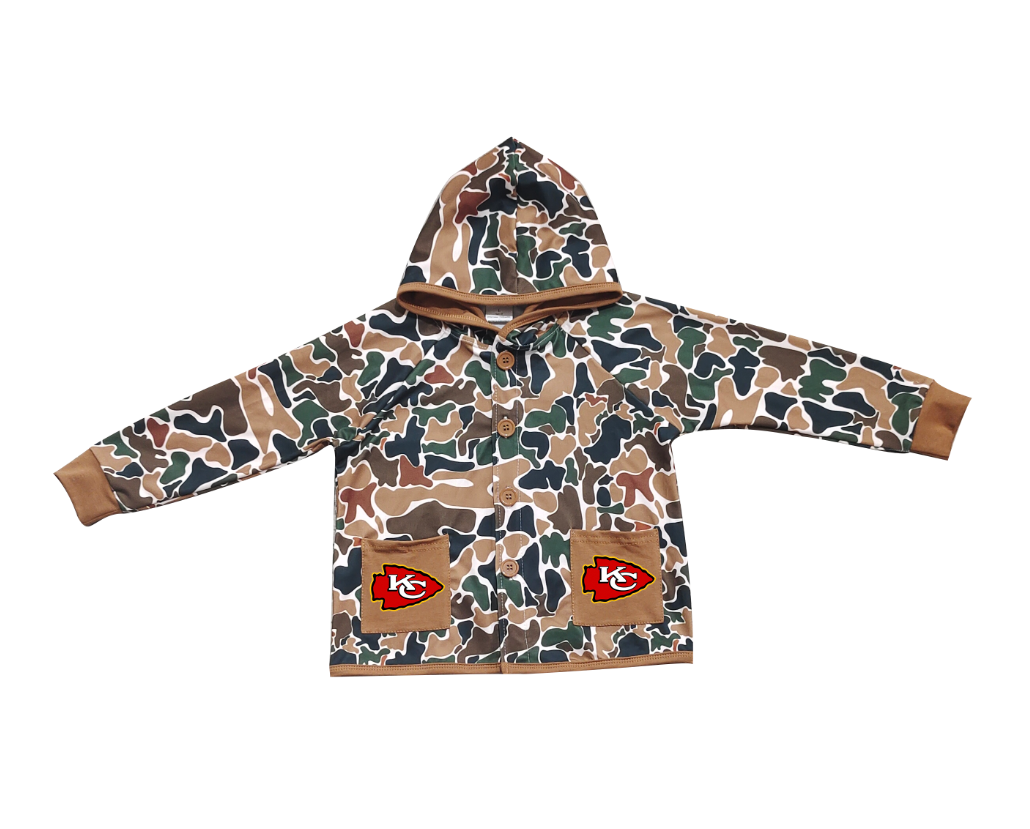 Preorder (moq 5)Baby Boys Dark Brown Camo KC Pockets Team Button Hoodie Jackets Top