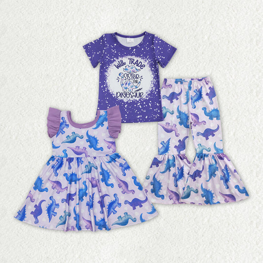 Sibling Baby Girls Purple Dinosaur Dresses Clothes Sets