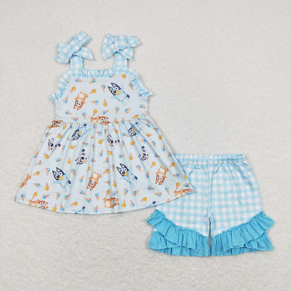 Baby Girls Straps Dogs Tunic Top Ruffle Shorts Clothes Sets