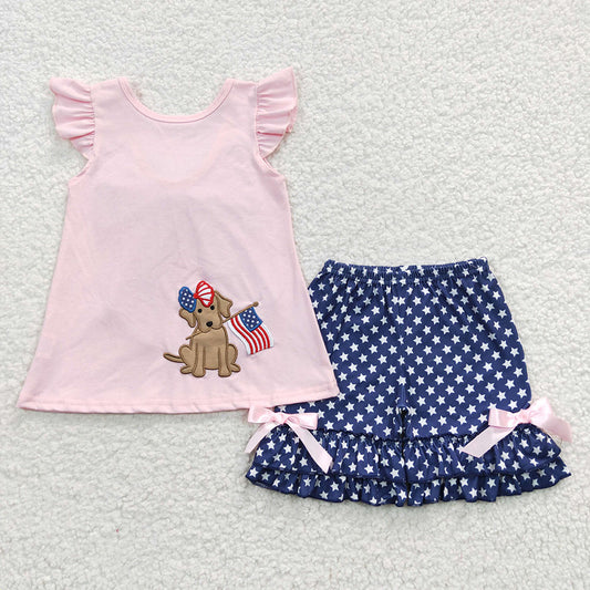 Baby Girls 4th Of July Dog Pink Ruffle Shorts Sets