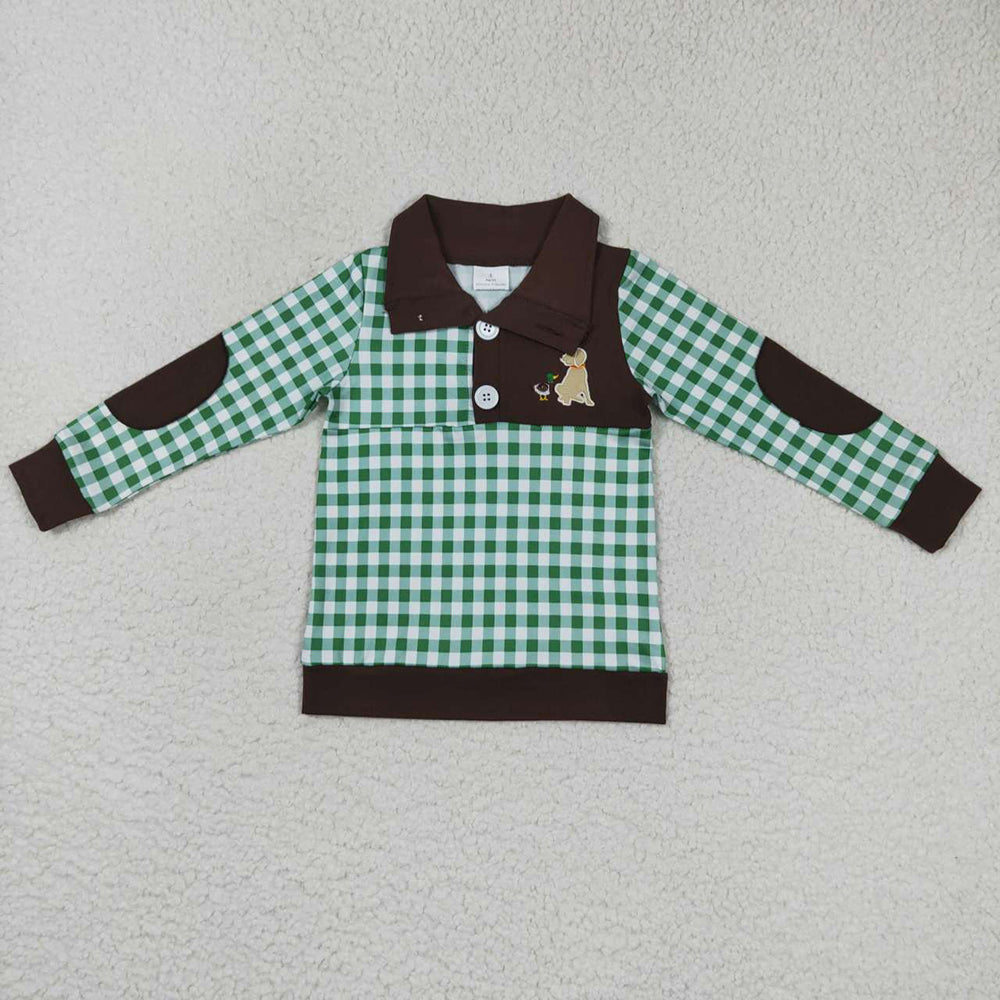 Baby Boys Hunting Green Checkered Long Sleeve Elbow Pullover Tee Shirt Tops