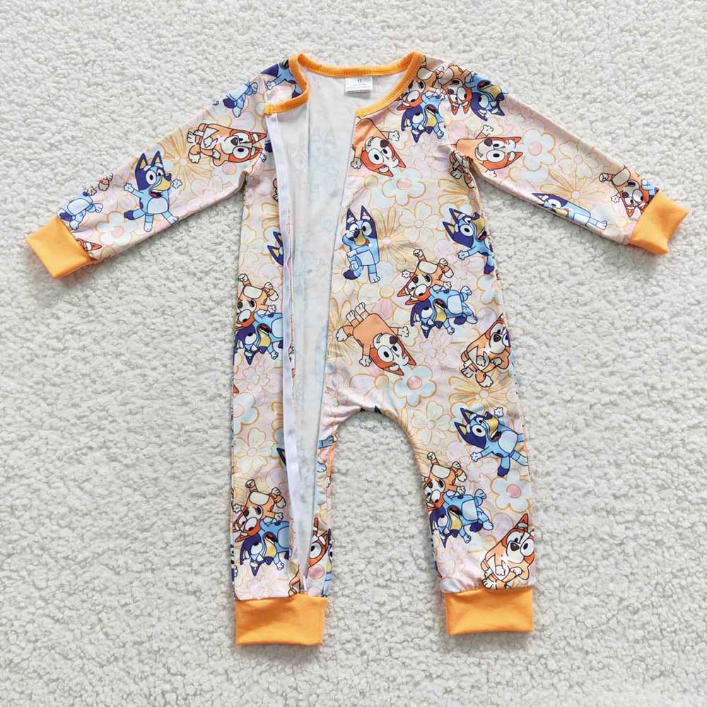 Baby Girls Dogs Flowers Zip Rompers