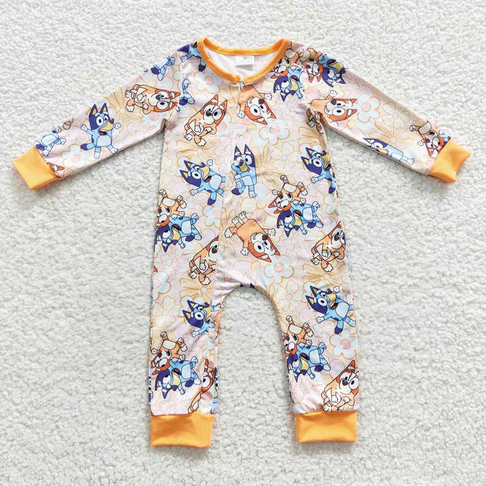 Baby Girls Dogs Flowers Zip Rompers