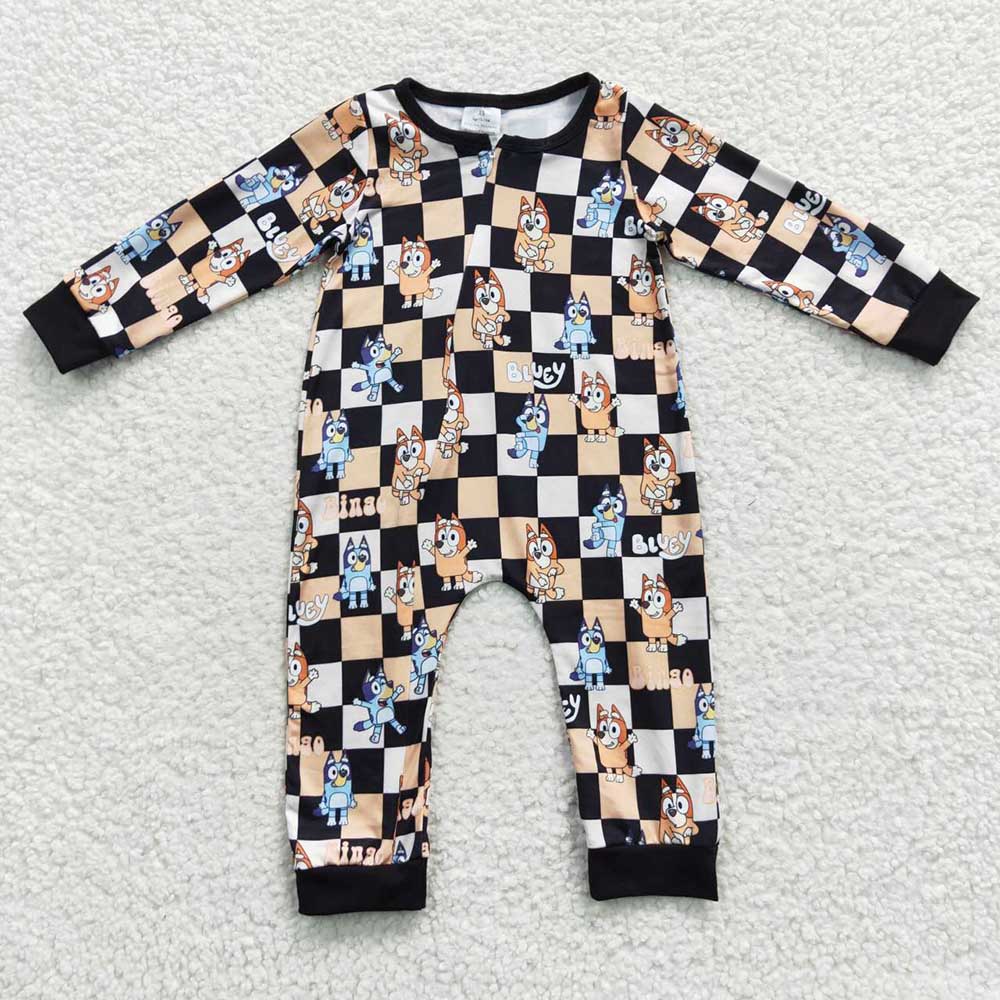 Baby Kids Dog Checkered Zip Rompers