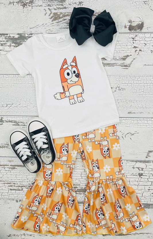 Baby Girls Orange Dog Top Flowers Bell Pants Clothes Sets