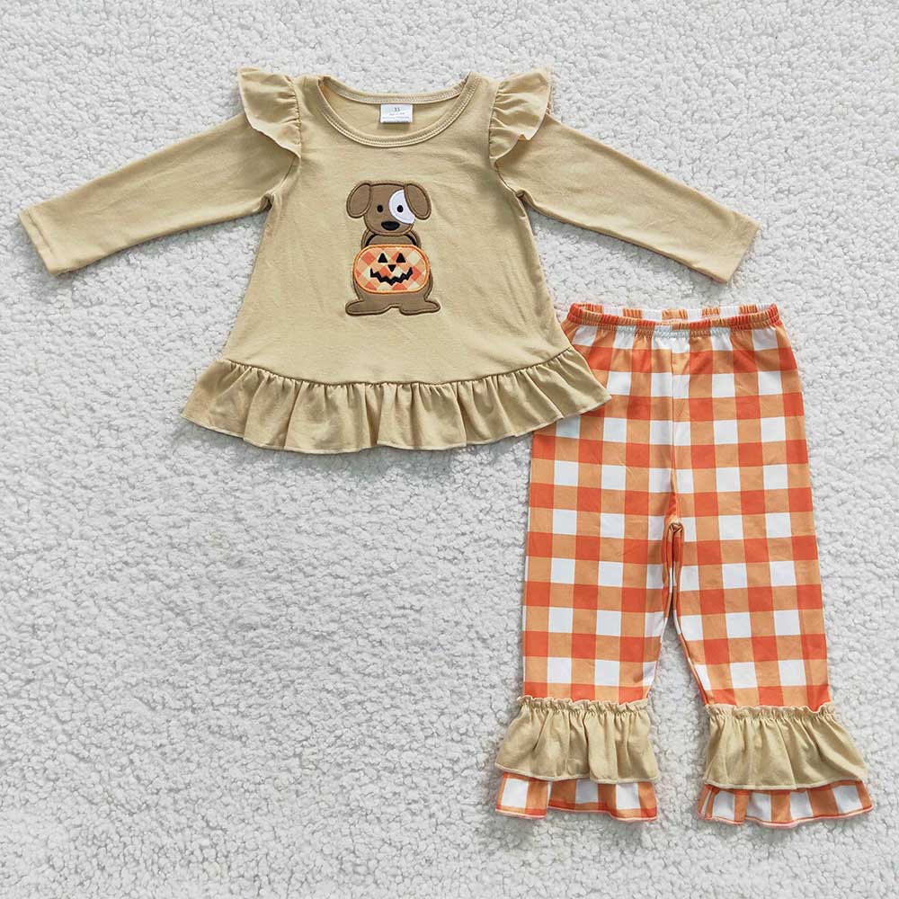 Baby Girls Dog Pumpkin Halloween Ruffle Pants Clothes Sets