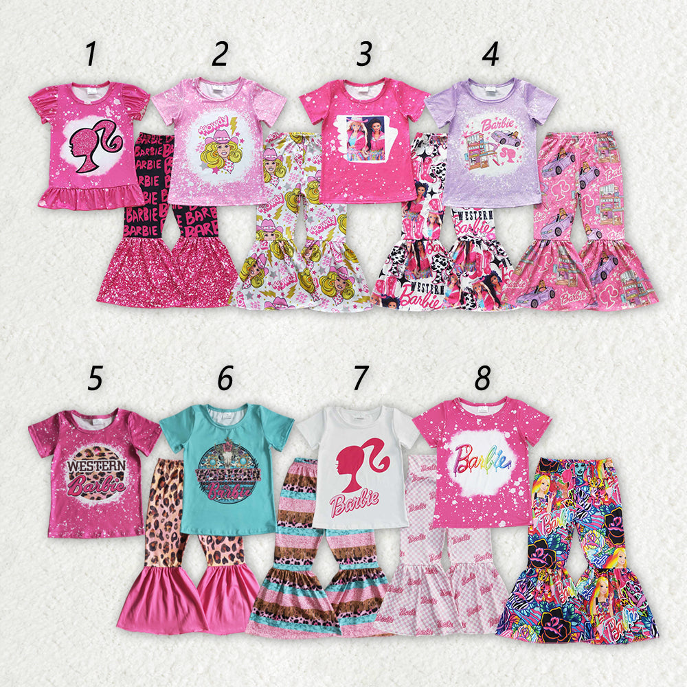 Sibling Baby Girls Doll Short Sleeve Shirts Bell-Bottom Pants Clothes Sets