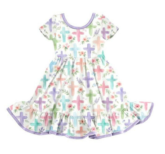 Preorder moq 5 Baby Girls Cross Flowers Short Sleeve Knee Length Dresses