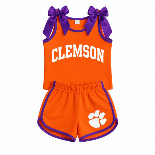 Preorder (moq 5)Baby Girls Clemson Bows Shirts Shorts Team Clothes Sets