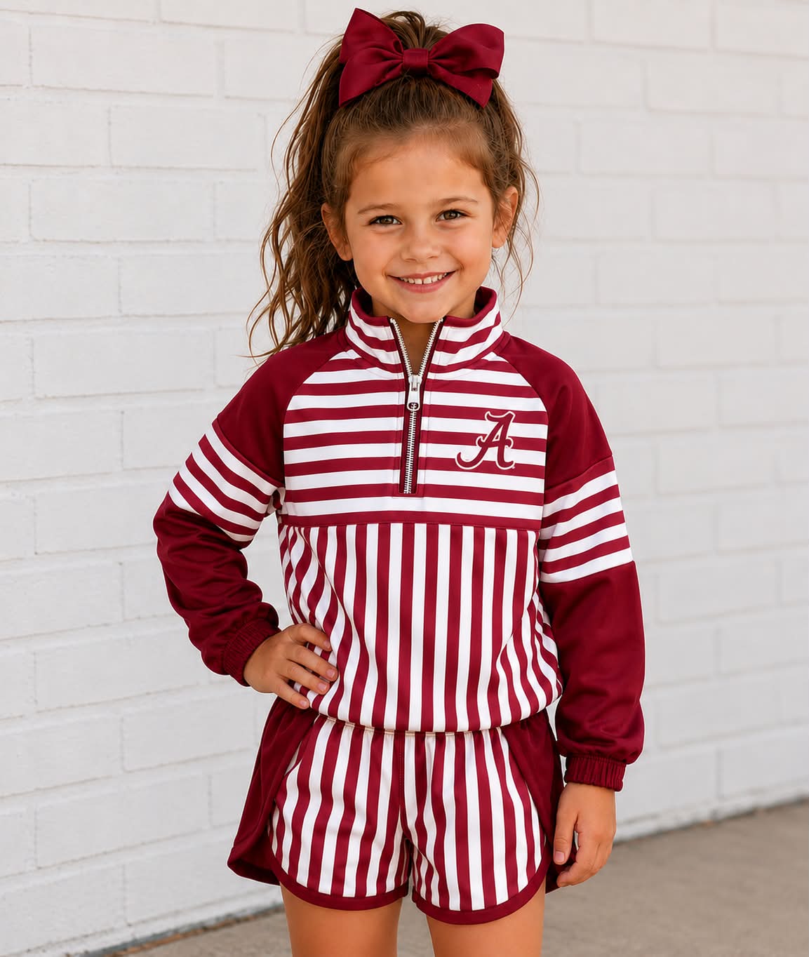 Preorder (moq 5)Baby Girls Alabama Wine Stripe Zip Pullovers Short Team Clothes Sets