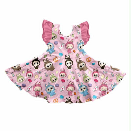 Preorder (moq 5)Baby Girls Pink Rabbit Flutter Sleeve Twirl Knee Length Dresses