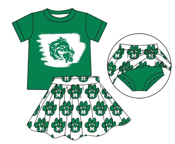 Preorder (moq 5)Baby Girls Green Monahans Loboes Top Bummie Skorts Team Sets