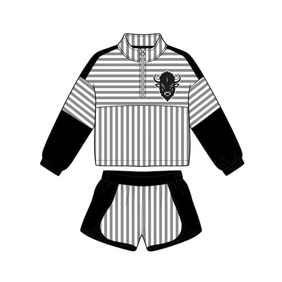 Preorder (moq 5) Girls’ Team Black Striped Bison Top Shorts Outfits