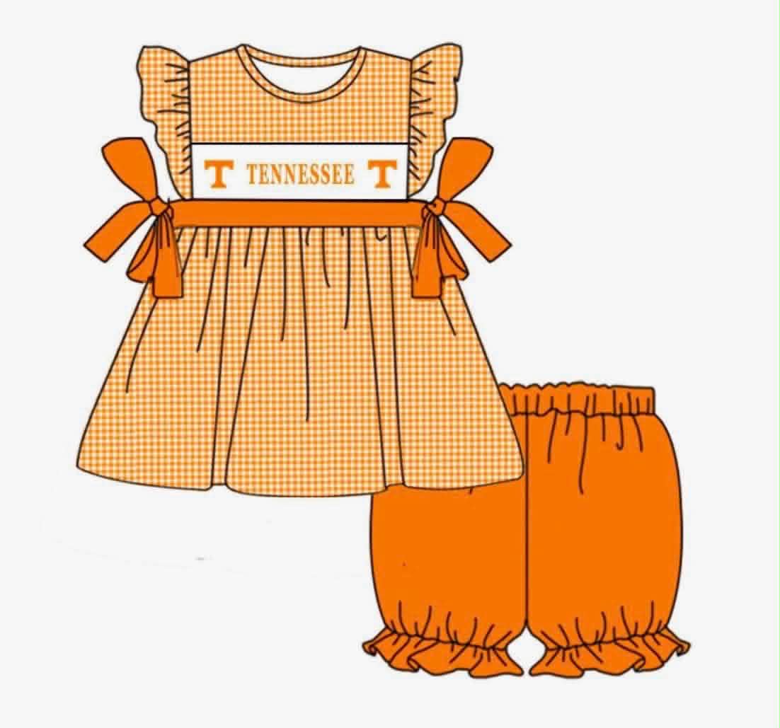 Preorder (moq 5)Baby Girls Orange Tennessee Tunic Elastic Shorts Team Clothes Sets