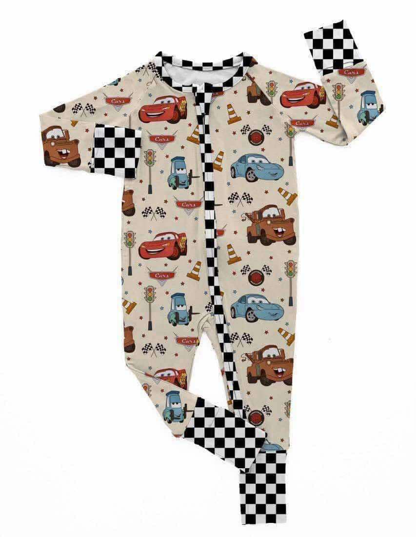 Preorder(moq 5)Baby Infant Girls Cars Racing Zip Rompers