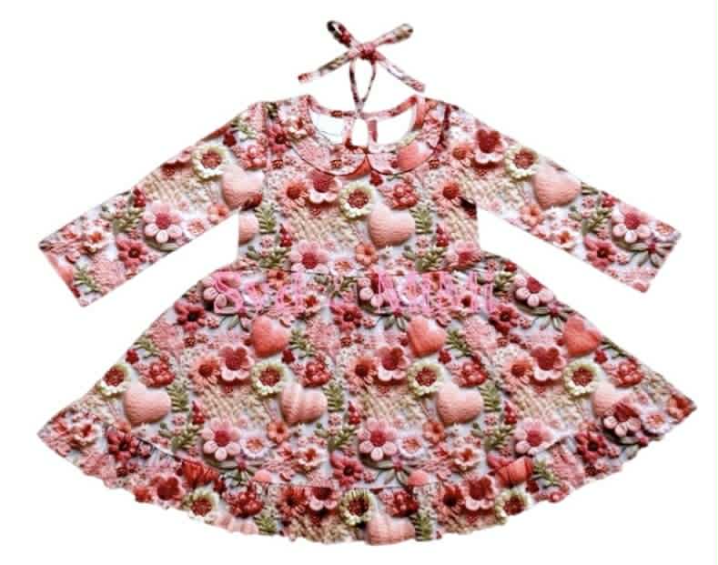 Preorder (moq 5)Baby Girls Red Pink Flowers Tie Knee Length Dresses