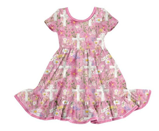 Preorder moq 5 Baby Girls Pink Cross Flowers Short Sleeve Knee Length Dresses