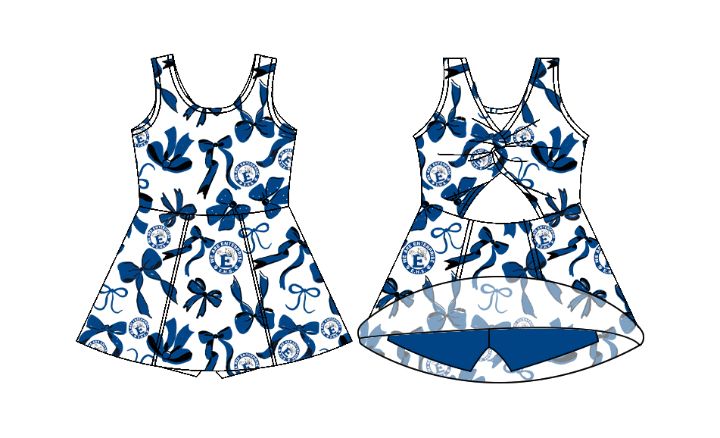 Preorder (moq 5)Baby Girls Sleeveless Bows Blue EHS Shorts Team Knee Length Dresses